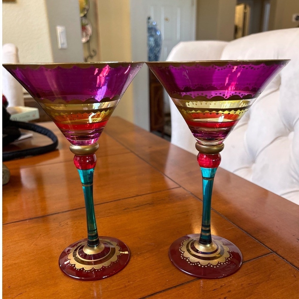 Vintage Pier 1 Festive Hand-Painted Moroccan Style Martini Glasses Bohemian Two